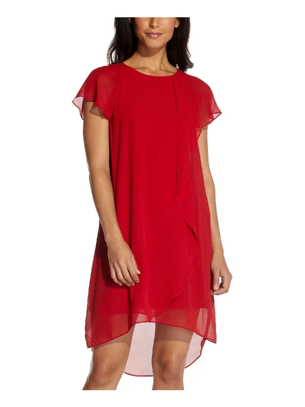 Deal Frenzy ADRIANNA PAPELL Womens Sheer Flutter Sleeve Crew Neck Above The Knee Hi-Lo Dress