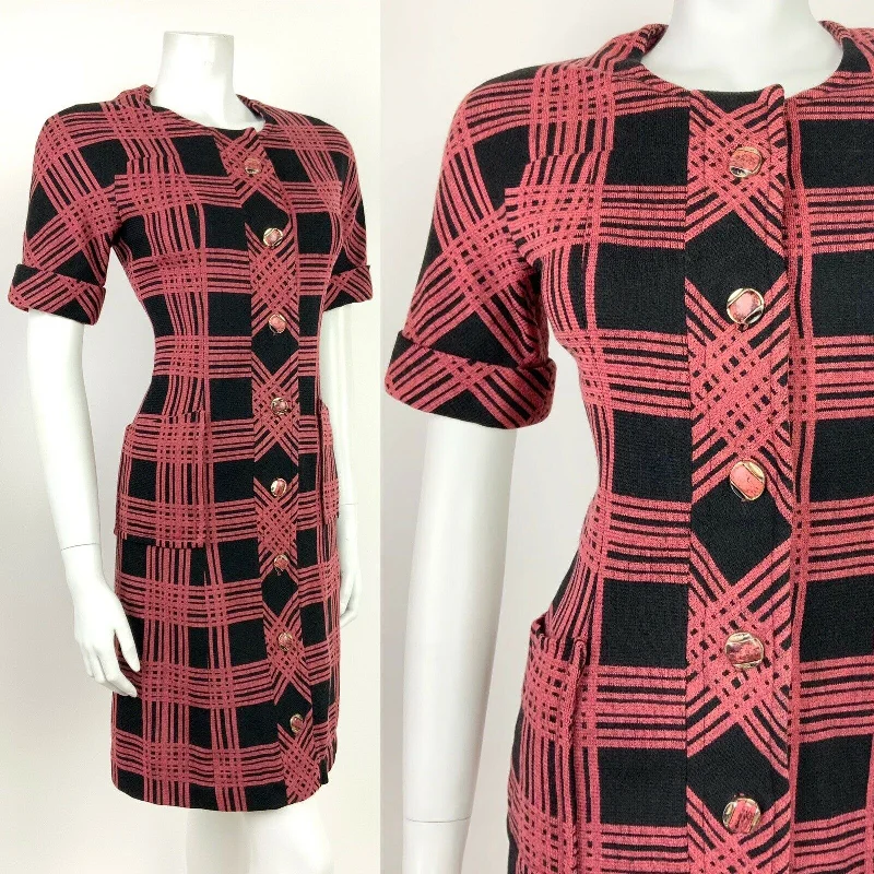 Flash Deals VINTAGE 60s 70s BLACK RED GEOMETRIC PLAID CHECKED FITTED WIGGLE DRESS 8 10