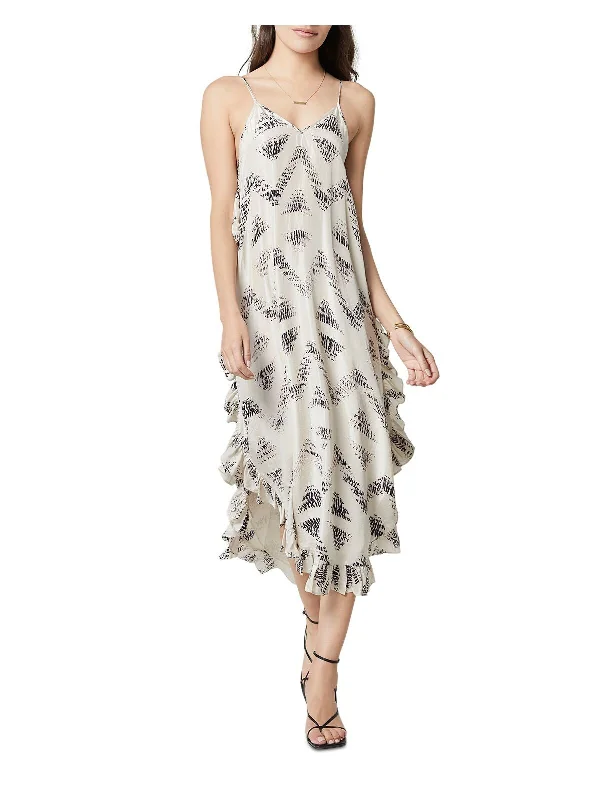 Deal of the Week JOIE Womens Beige Ruffled Printed Spaghetti Strap V Neck Midi Evening Shift Dress
