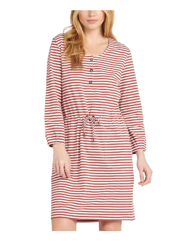 Can't Miss BARBOUR Womens Brown Stretch Pocketed Drawstring Waist Striped Long Sleeve Scoop Neck Above The Knee Wear To Work Sheath Dress Can't Miss BARBOUR Womens Brown Stretch Pocketed Drawstring Waist Striped Long Sleeve Scoop Neck Above The Knee Wear To Work Sheath Dress