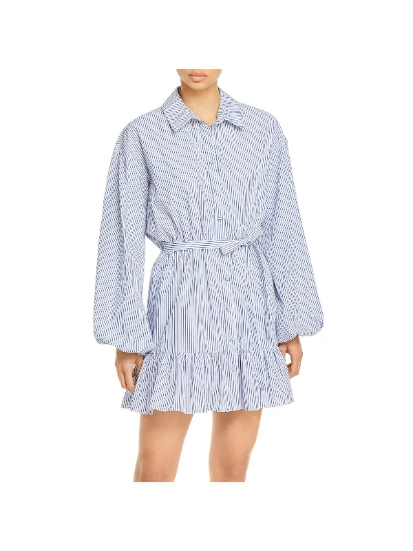 Super Deal CINQ A SEPT Womens White Belted Ruffled Button Front Striped Balloon Sleeve Collared Short Party Shirt Dress Super Deal CINQ A SEPT Womens White Belted Ruffled Button Front Striped Balloon Sleeve Collared Short Party Shirt Dress