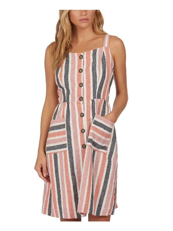 New Deals BARBOUR Womens Pink Smocked Pocketed Buttoned Striped Sleeveless Square Neck Above The Knee Fit + Flare Dress New Deals BARBOUR Womens Pink Smocked Pocketed Buttoned Striped Sleeveless Square Neck Above The Knee Fit + Flare Dress