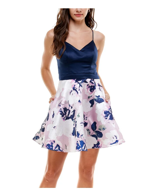 Flash Deals CITY STUDIO Womens Pink Pocketed Zippered Floral Spaghetti Strap V Neck Mini Party Fit + Flare Dress