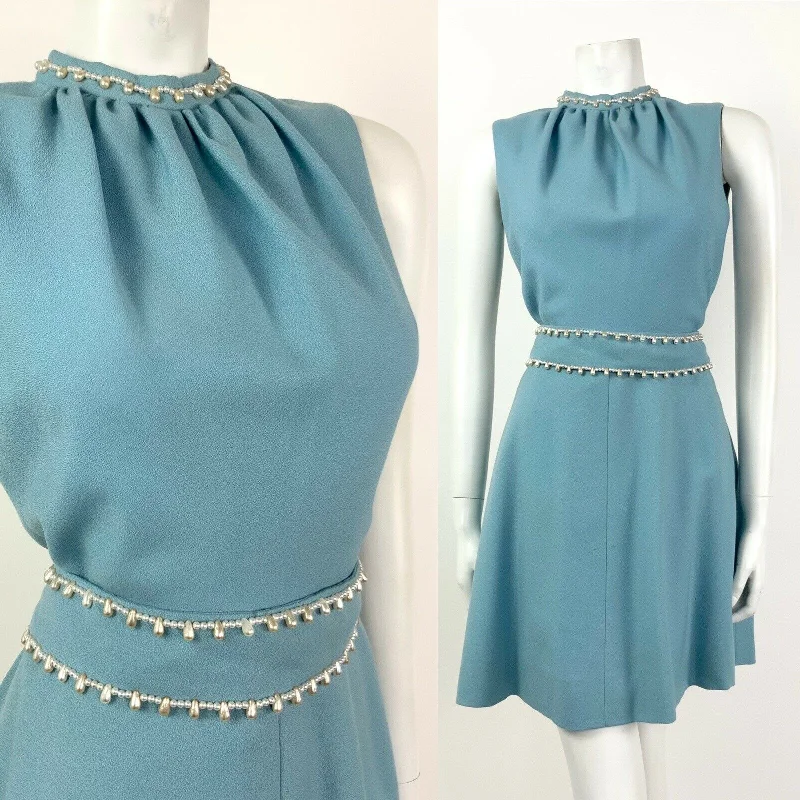 Take Advantage VINTAGE 60s BABY BLUE PEARL BEADED PARTY SLEEVELESS DRESS 10