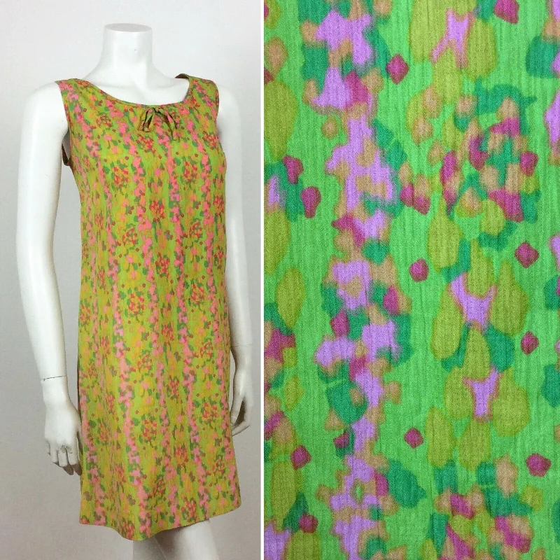 Value Deals 60S VINTAGE BRIGHT GREEN PINK PSYCHEDELIC  DRESS 12 14