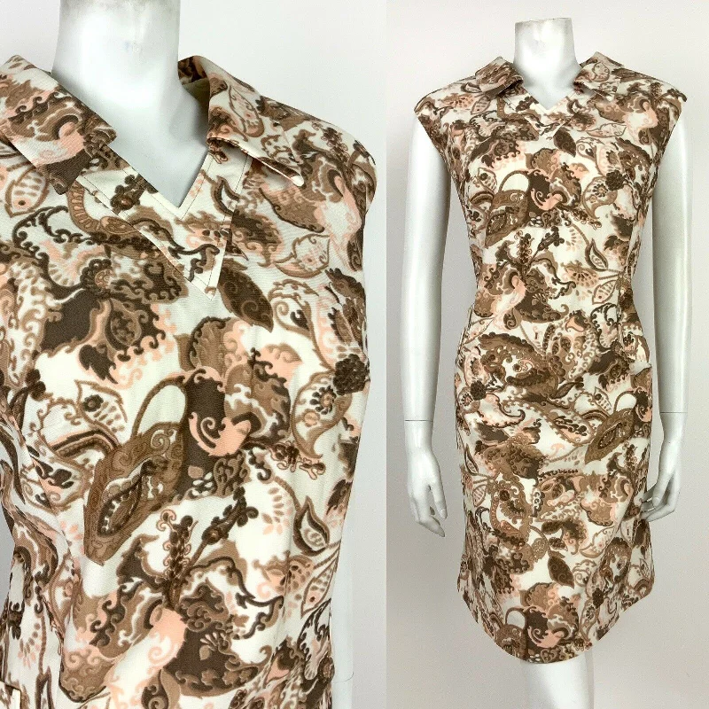 Exclusive Preview VTG 60s 70s WHITE BEIGE BROWN PINK FLORAL PAISLEY SLEEVELESS SHIFT DRESS 16 18 Exclusive Preview VTG 60s 70s WHITE BEIGE BROWN PINK FLORAL PAISLEY SLEEVELESS SHIFT DRESS 16 18