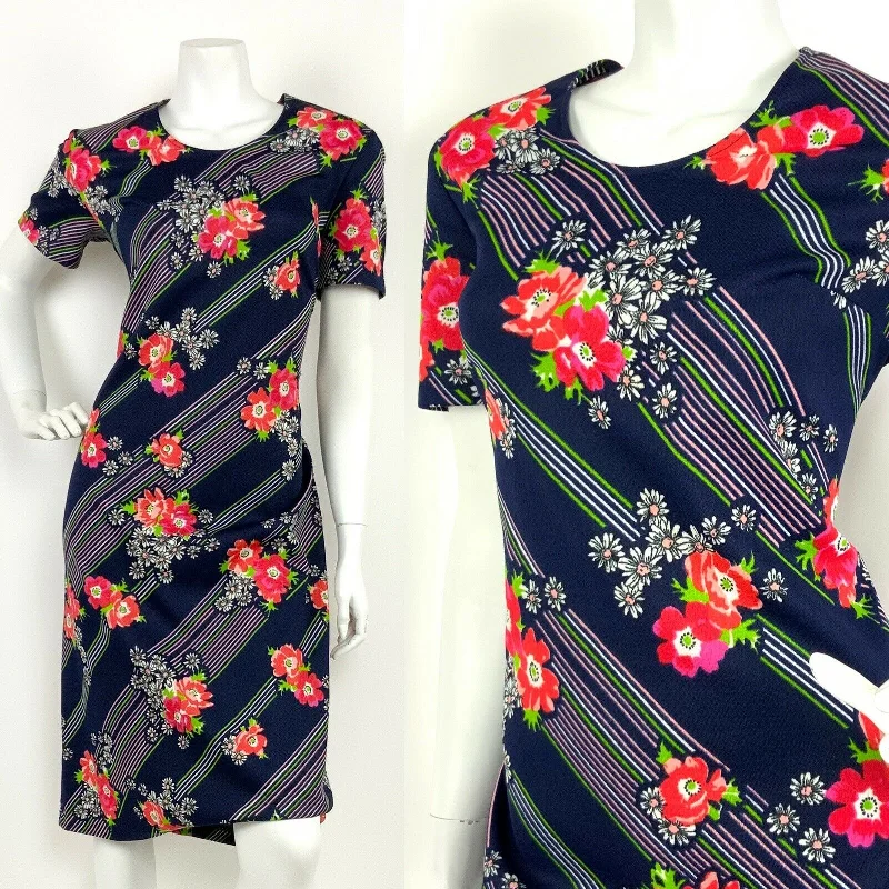 Best Deals VINTAGE 60s 70s BLUE WHITE GREEN RED PINK STRIPED FLORAL DAISY SHIFT DRESS 12 14