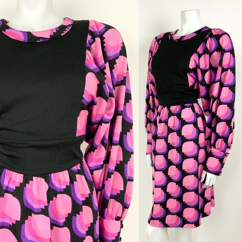 Great Deals VTG 60s 70s BLACK PINK LILAC PURPLE OP-ART GEOMETRIC BATWING SLEEVE DRESS 14 16
