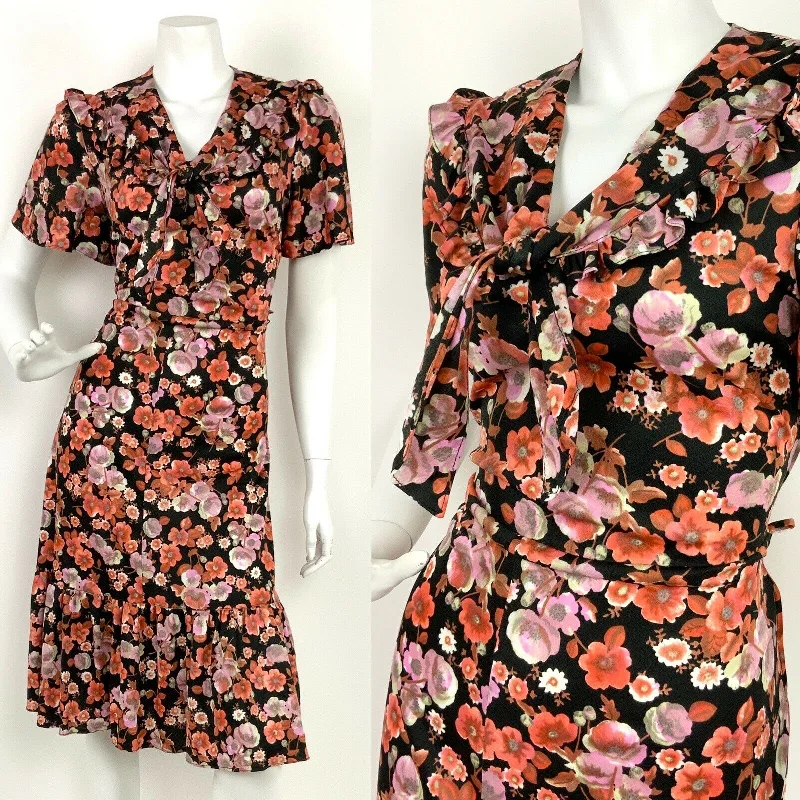 Great Bargains VTG 60s 70s BLACK RED PINK WHITE GREY FLORAL RUFFLE PUSSYBOW NECKTIE DRESS 12 14