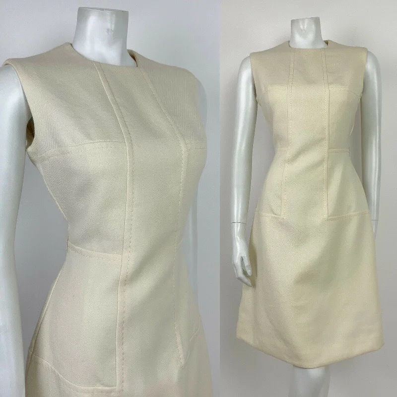 Holiday Sale VINTAGE 60s 70s MOD CREAM WOOL SLEEVELESS WIGGLE FITTED DRESS 12