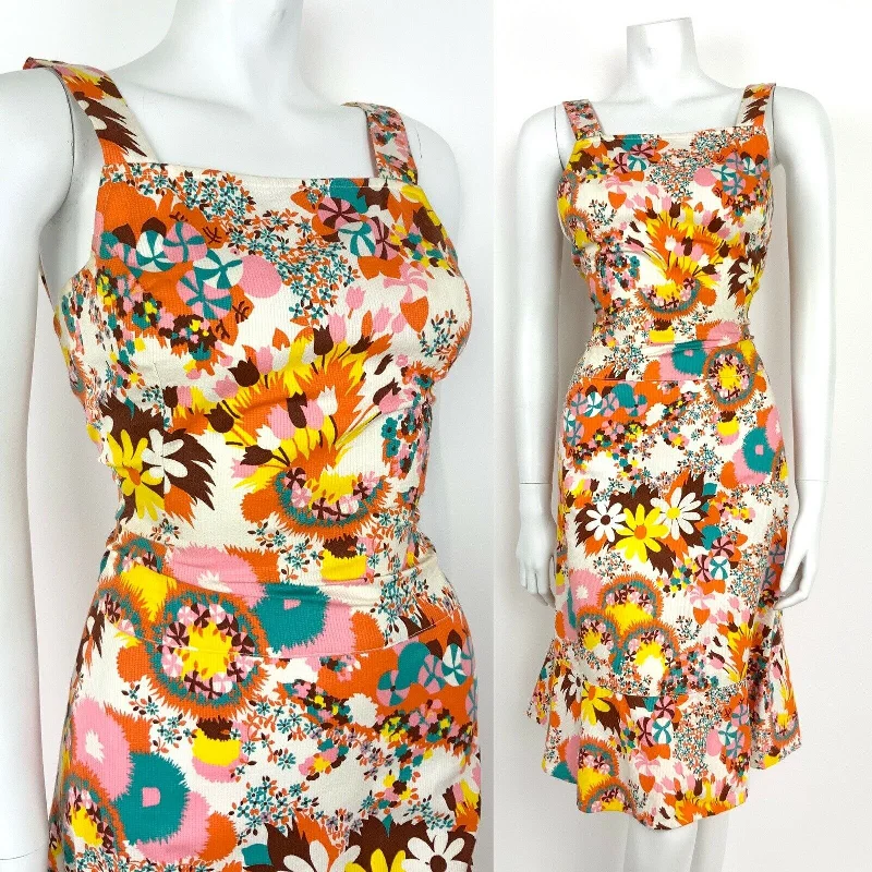 Savings Spectacular VTG 60s 70s WHITE PINK YELLOW ORANGE BLUE FLORAL PINWHEEL SUMMER APRON DRESS 4