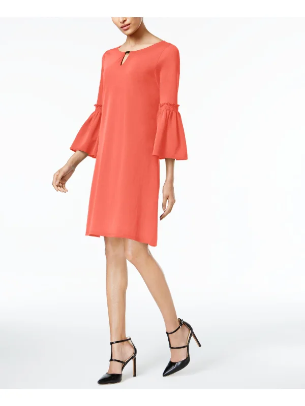 Clearance Event CALVIN KLEIN Womens Coral Ruffled Bell Sleeve Keyhole Knee Length Formal Shift Dress Clearance Event CALVIN KLEIN Womens Coral Ruffled Bell Sleeve Keyhole Knee Length Formal Shift Dress