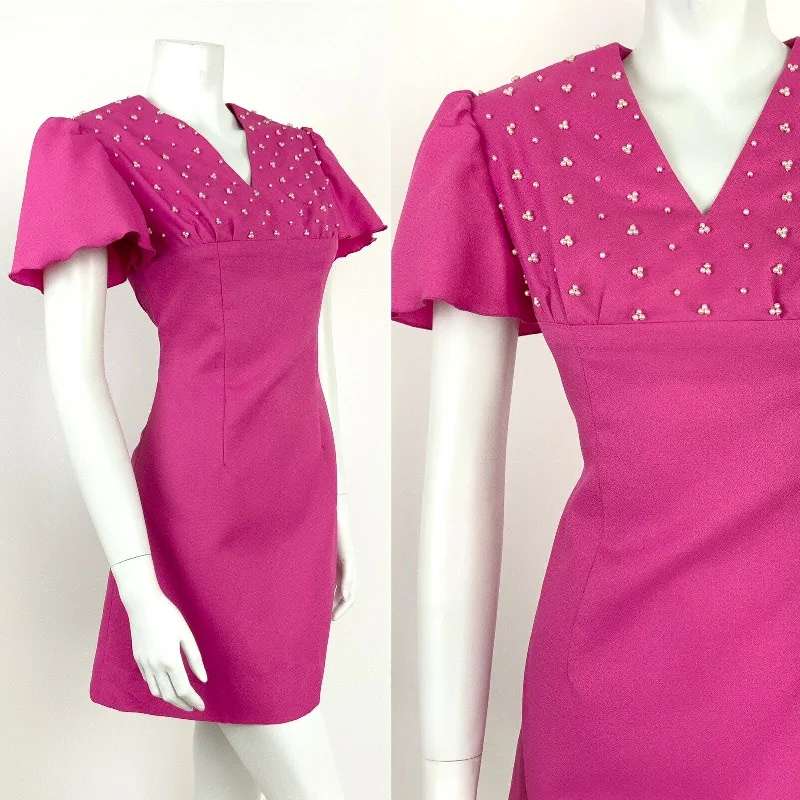 Exclusive Access VTG 60s 70s FUCHSIA PINK EMPIRE LINE PEARL EMBELLISHMENT FLUTTER SLEEVE DRESS 8 Exclusive Access VTG 60s 70s FUCHSIA PINK EMPIRE LINE PEARL EMBELLISHMENT FLUTTER SLEEVE DRESS 8
