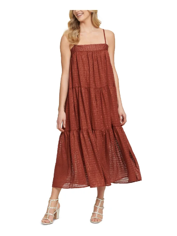 Limited Availability DKNY Womens Brown Metallic Pleated Textured Pullover Styling Spaghetti Strap Square Neck Tea-Length Evening Dress Limited Availability DKNY Womens Brown Metallic Pleated Textured Pullover Styling Spaghetti Strap Square Neck Tea-Length Evening Dress
