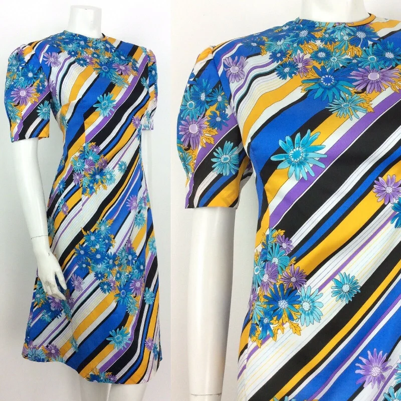 Midnight Sale VTG 60s 70s BLUE YELLOW BLACK PURPLE STRIPE FLOWER DAISY DRESS 14