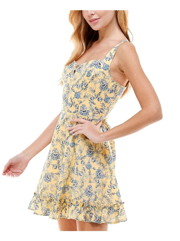 Deal Mania CITY STUDIO Womens Yellow Zippered Ruffled Smocked Floral Sleeveless Sweetheart Neckline Mini Fit + Flare Dress Deal Mania CITY STUDIO Womens Yellow Zippered Ruffled Smocked Floral Sleeveless Sweetheart Neckline Mini Fit + Flare Dress
