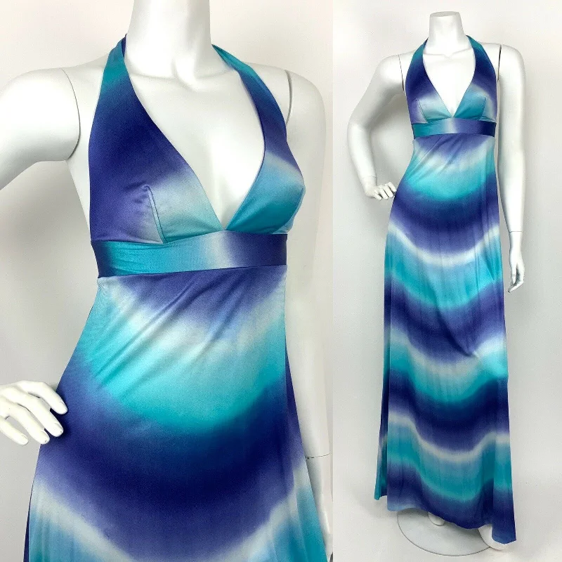 Act Fast VINTAGE 60s 70s BLUE WHITE TURQUOISE WAVE TIE DYE HALTER MAXI DRESS 8