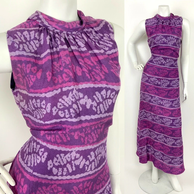 Unbeatable Prices VTG 60s 70s PURPLE LILAC PINK ABSTRACT TURTLENECK SLEEVELESS MAXI DRESS 12 14