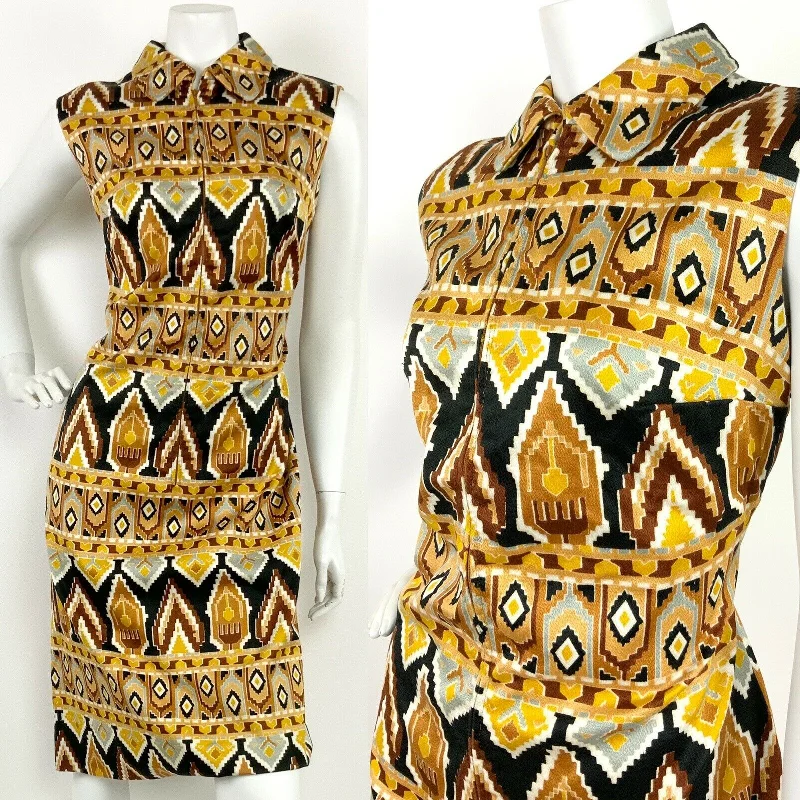 Deal Dash VINTAGE 60s 70s BROWN BRONZE GOLD BLACK WHITE AZTEC GEOMETRIC DRESS 12 14 16