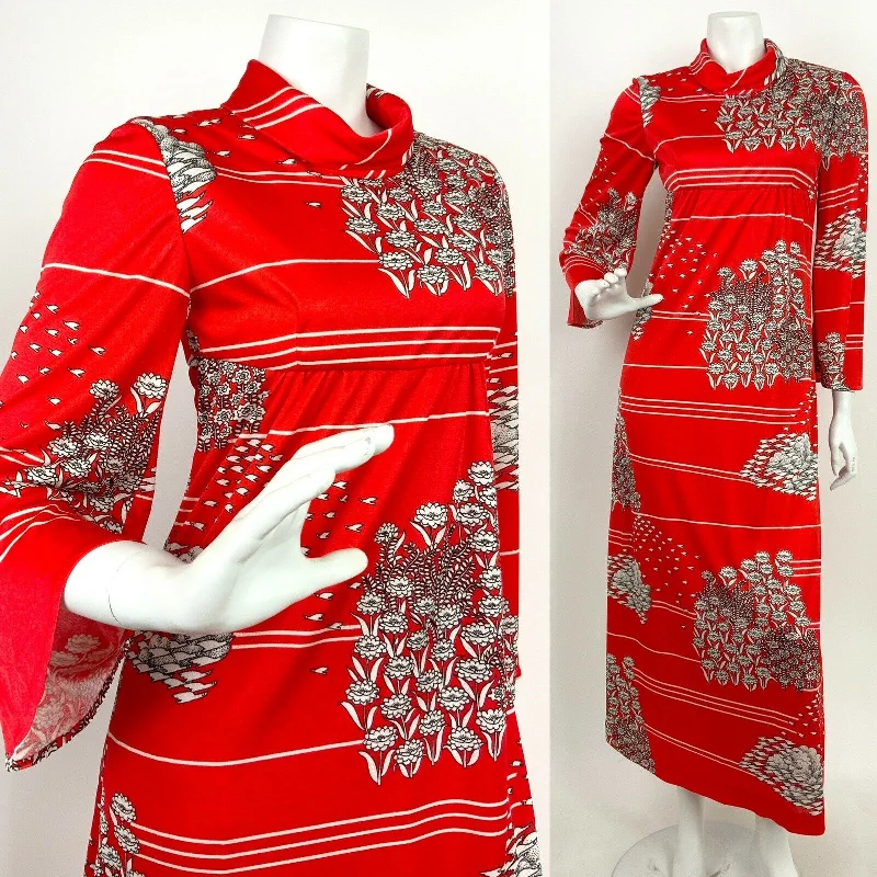 Discount Mania VTG 60s 70s RED WHITE FLORAL BIRD TURTLENECK BELL SLEEVE FOLK MAXI DRESS 6