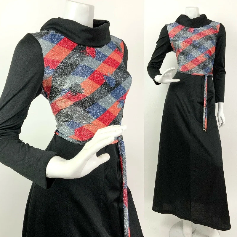 Hurry In VTG 60s 70s BLACK RED ORANGE SILVER BLUE LUREX DIAMOND CHECK MAXI DRESS 10 Hurry In VTG 60s 70s BLACK RED ORANGE SILVER BLUE LUREX DIAMOND CHECK MAXI DRESS 10