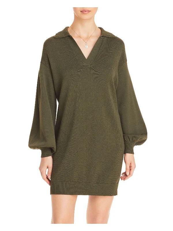 Markdowns LINI Womens Green Ribbed Split Neck Collared Slouchy Polo Balloon Sleeve Short Cocktail Sweater Dress