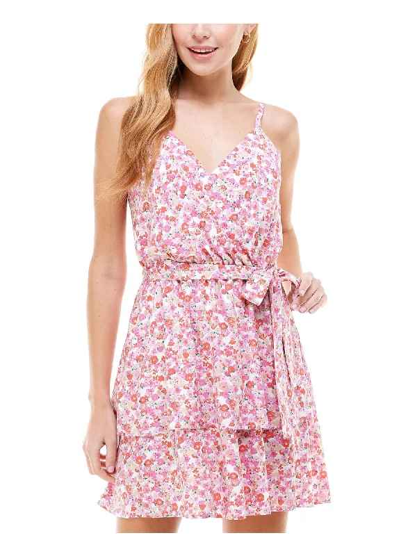 Big Savings CRYSTAL DOLLS Womens White Belted Elasticized Waist Tiered Hem Floral Spaghetti Strap Surplice Neckline Above The Knee Fit + Flare Dress Big Savings CRYSTAL DOLLS Womens White Belted Elasticized Waist Tiered Hem Floral Spaghetti Strap Surplice Neckline Above The Knee Fit + Flare Dress
