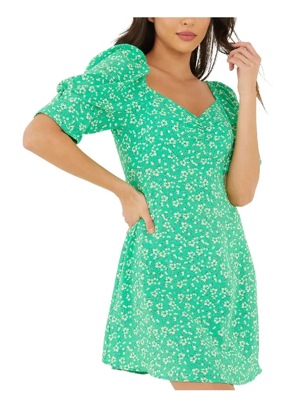 Exclusive Offers QUIZ Womens Green Zippered Ruched Square Back Neck Pouf Sleeve Sweetheart Neckline Short Party Fit + Flare Dress Exclusive Offers QUIZ Womens Green Zippered Ruched Square Back Neck Pouf Sleeve Sweetheart Neckline Short Party Fit + Flare Dress