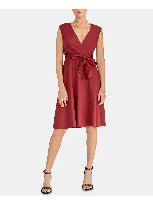 Last Chance RACHEL ROY Womens Belted Sleeveless V Neck Knee Length Wear To Work Fit + Flare Dress