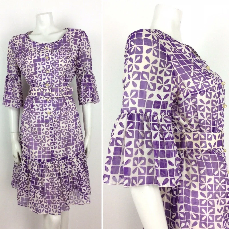 Early Access 60S 70S VTG WHITE PURPLE GEOMETRIC FLOWER BELL SLEEVE BELT DRESS 12 14