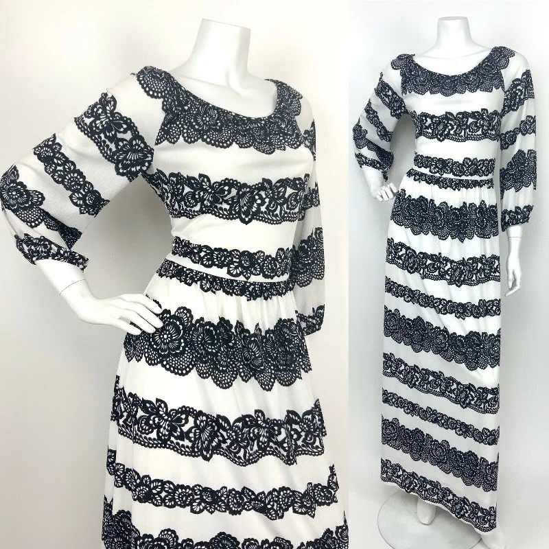 Deal Mania VINTAGE 70s WHITE BLACK STRIPED FLORAL LACE SUMMER MAXI DRESS 12