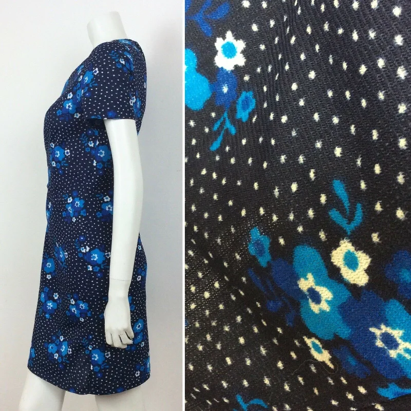 Epic Deals 60S VINTAGE NAVY BLUE WHITE FLOWER DAISY PRINT PSYCHEDELIC DRESS 12 14
