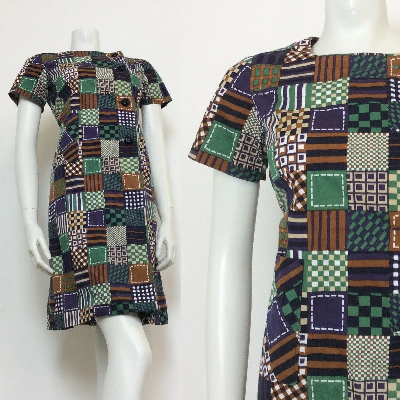 Quick Sale VINTAGE 60S NAVY GREEN WHITE BROWN CHECKERED COTTON MINI DRESS 12