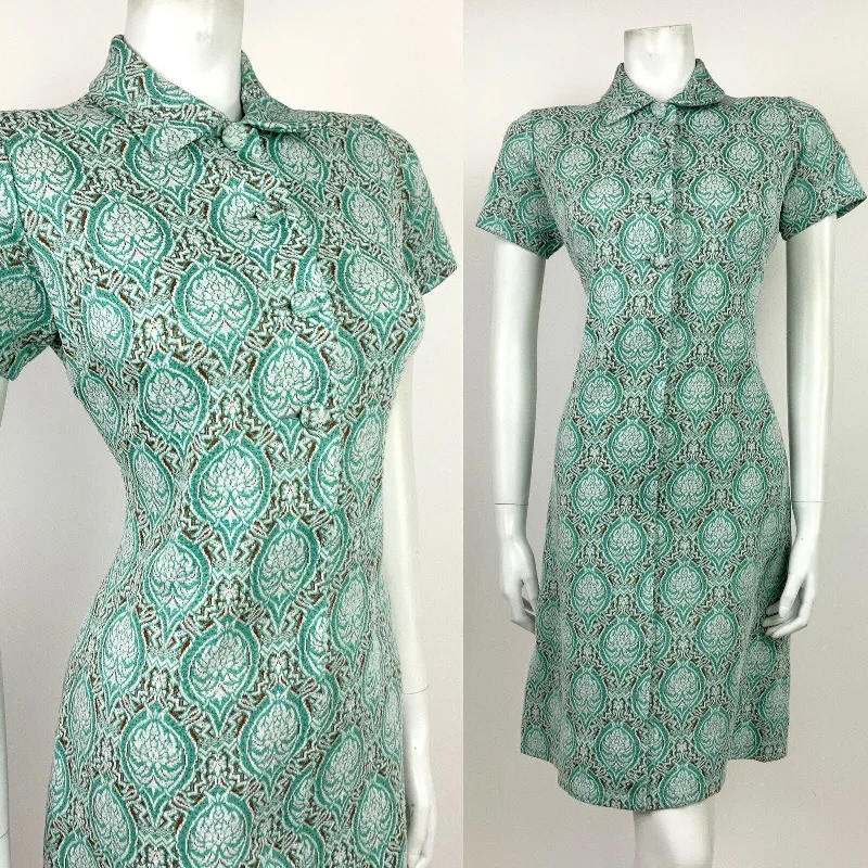 Savings Event VTG 60s 70s MINT GREEN WHITE BROWN DAMASK ART NOUVEAU FLORAL COLLAR DRESS 12 14 Savings Event VTG 60s 70s MINT GREEN WHITE BROWN DAMASK ART NOUVEAU FLORAL COLLAR DRESS 12 14