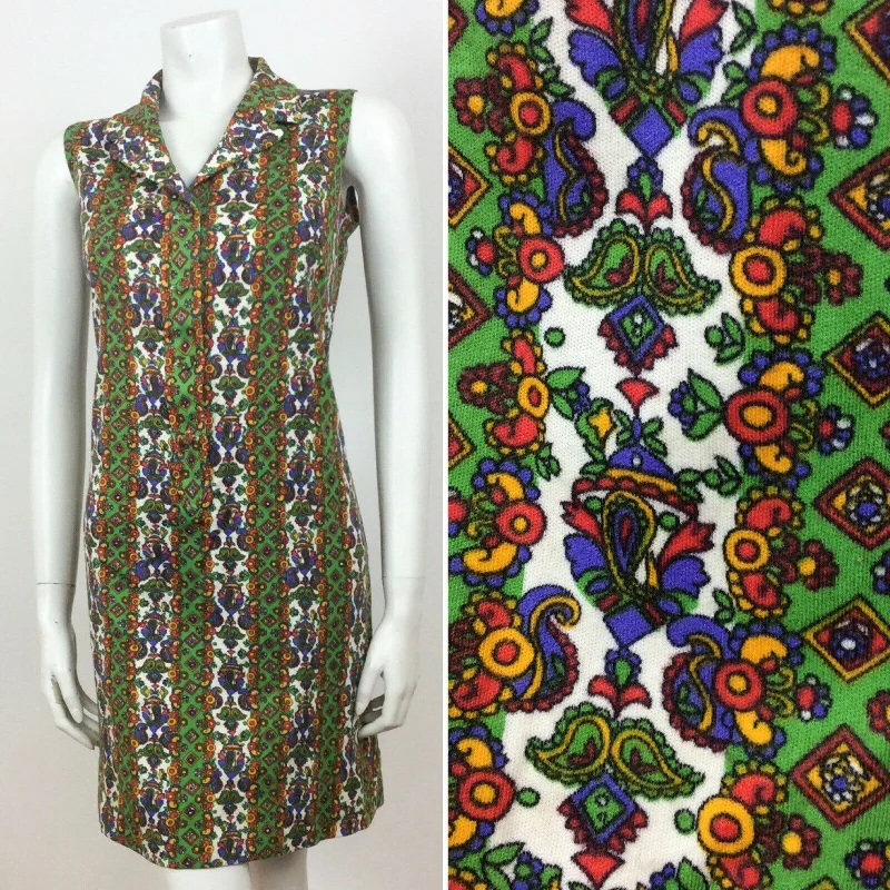 Sale Event 60S VINTAGE PSYCHEDELIC GREEN YELLOW WHITE FLORAL PAISLEY MINI DRESS 16