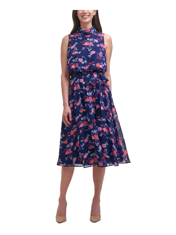 Act Now HARPER ROSE Womens Navy Zippered Belted Mock Roll-neck Chiffon Floral Sleeveless Midi Wear To Work Fit + Flare Dress Act Now HARPER ROSE Womens Navy Zippered Belted Mock Roll-neck Chiffon Floral Sleeveless Midi Wear To Work Fit + Flare Dress