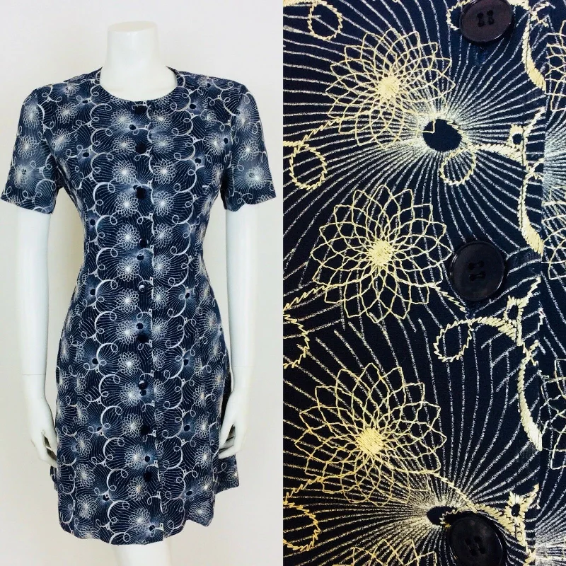 Exclusive Savings VINTAGE 1960S NAVY BLUE WHITE EMBROIDERED FLORAL SPIROGRAPH DRESS 10 12 Exclusive Savings VINTAGE 1960S NAVY BLUE WHITE EMBROIDERED FLORAL SPIROGRAPH DRESS 10 12