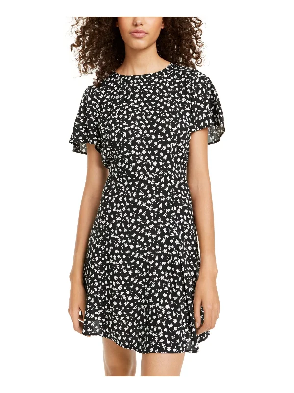 Season Finale Sale CITY STUDIO Womens Black Floral Short Sleeve Jewel Neck Short Fit + Flare Dress Season Finale Sale CITY STUDIO Womens Black Floral Short Sleeve Jewel Neck Short Fit + Flare Dress