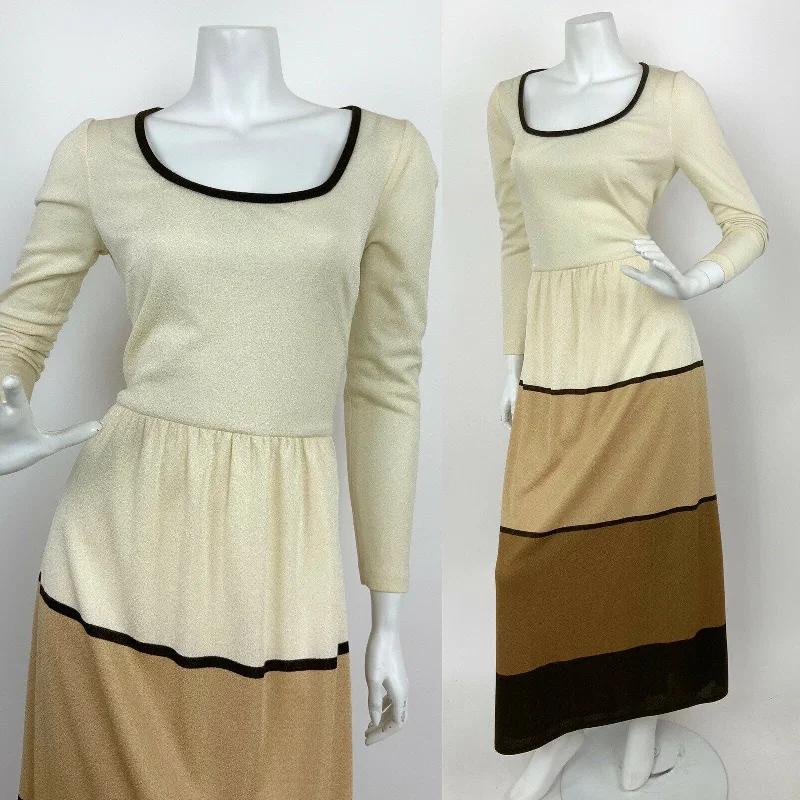 Special Offer VTG 60s 70s CREAM BROWN GOLD COLOUR BLOCK FOLK BOHO MAXI DRESS 12 14