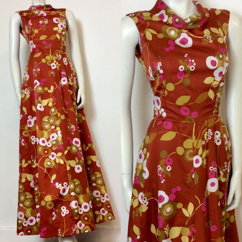 Major Savings VINTAGE 1970S RUST SATEEN ABSTRACT FLORAL PRINT MAXI DRESS 10 12