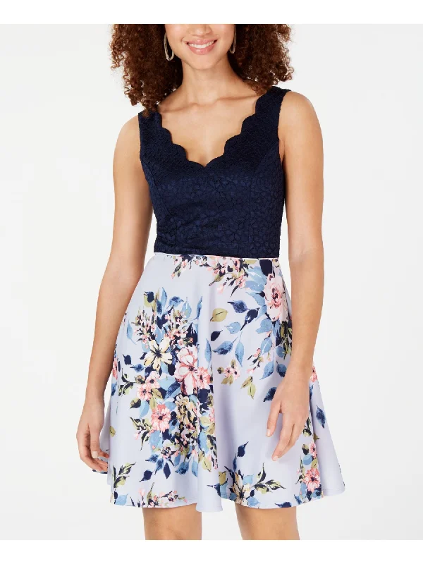 Time-Limited Offer CITY STUDIO Womens Lace Floral Sleeveless V Neck Mini Fit + Flare Dress