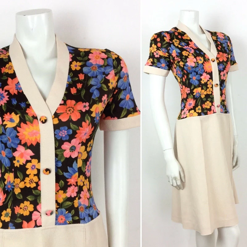 Final Clearance VINTAGE 60s 70s BEIGE PSYCHEDELIC BLACK ORANGE BLUE FLORAL DRESS 10 12