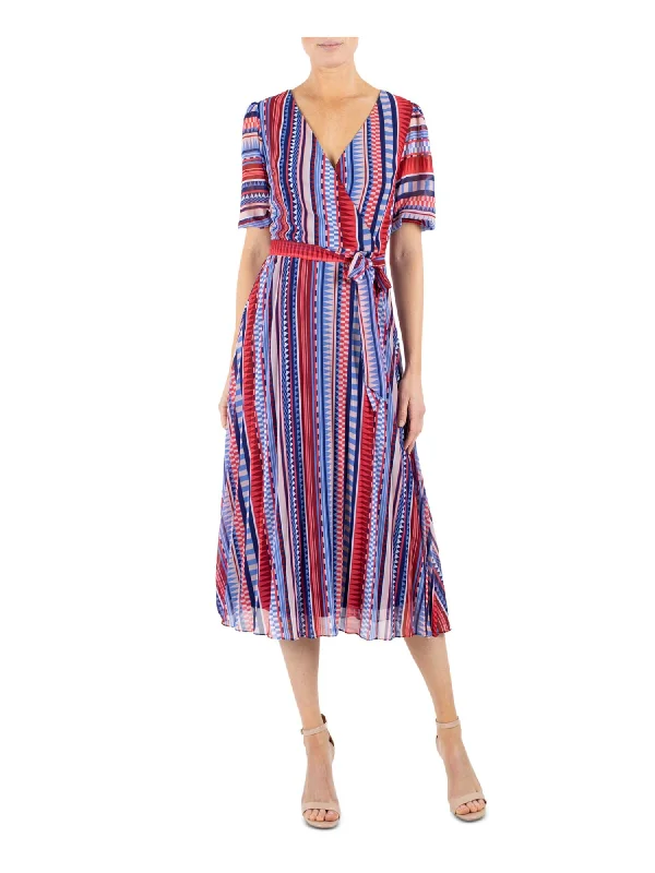 Fantastic Offers JULIA JORDAN Womens Navy Sheer Belted Lined Striped Short Sleeve Surplice Neckline Midi Party Fit + Flare Dress Fantastic Offers JULIA JORDAN Womens Navy Sheer Belted Lined Striped Short Sleeve Surplice Neckline Midi Party Fit + Flare Dress