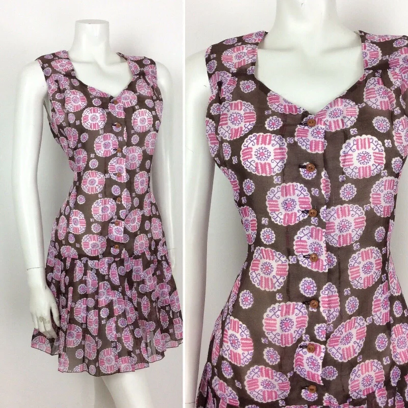 Closeout Sale VINTAGE 60S 70S BROWN WHITE PINK PAISLEY SMOCK DRESS DROPPED PLEAT WAIST 14 16