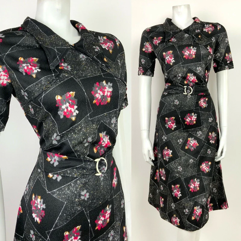 Deal Zone VINTAGE 60s 70s BLACK GREEN PINK YELLOW FLORAL GEOMETRIC DAGGER COLLAR DRESS 12 Deal Zone VINTAGE 60s 70s BLACK GREEN PINK YELLOW FLORAL GEOMETRIC DAGGER COLLAR DRESS 12