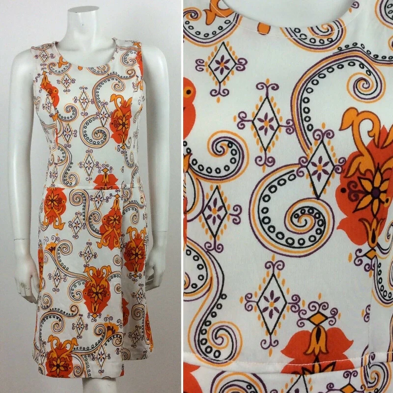 Mega Sale VINTAGE 60S WHITE ORANGE PURPLE YELLOW PAISLEY MINI DRESS 12
