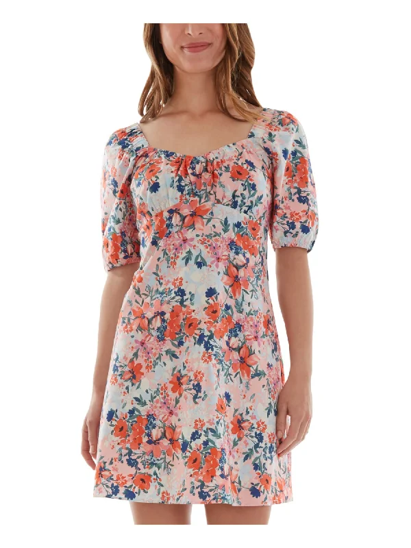 Now or Never BCX Womens Pink Floral Pouf Sleeve Sweetheart Neckline Mini Fit + Flare Dress Now or Never BCX Womens Pink Floral Pouf Sleeve Sweetheart Neckline Mini Fit + Flare Dress