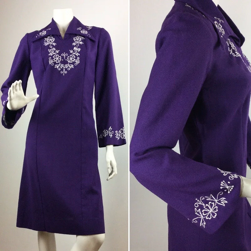 Steals and Deals VINTAGE 1970s PURPLE DRESS WHITE FLORAL FLOWER BELL SLEEVE HIPPY MOD GOGO 8 10