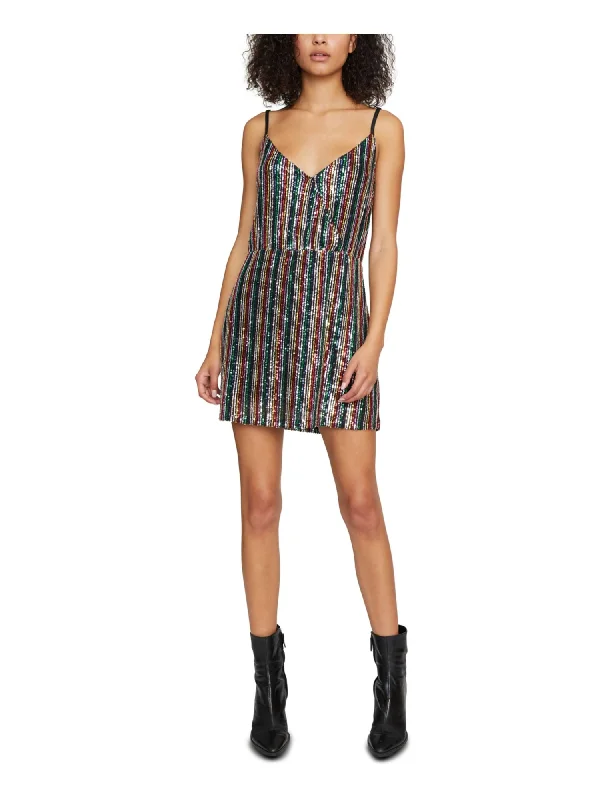 Today’s Special SANCTUARY Womens Black Sequined Striped Spaghetti Strap V Neck Short Party Sheath Dress
