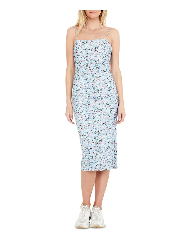 Year-End Sale BARDOT Womens Blue Zippered Adjustable Straps Floral Square Neck Midi Cocktail Sheath Dress Year-End Sale BARDOT Womens Blue Zippered Adjustable Straps Floral Square Neck Midi Cocktail Sheath Dress
